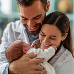 The joy of a newborn: A parent's embrace . Smiling dad and mum cuddle their newborn, radiating parental love.