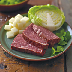 Fototapeta premium A traditional Irish dish of corned beef and cabbage. Capture the atmosphere of a festive table in honor of St. Patrick's Day
