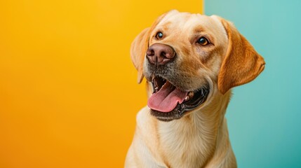Labrador retriever dog on yellow and blue background with copy space.