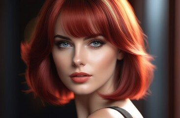 elegant woman, good face detail, daz3d, eyes in focus, red hair, short haircut with long bangs