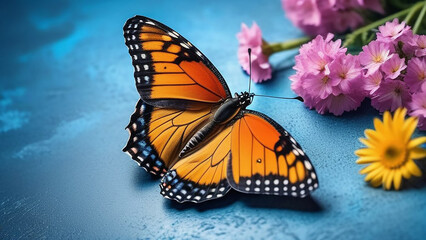 Fototapeta na wymiar Orange butterfly on blue background with flowers