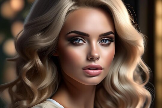 elegant woman, good face detail, eyes in focus, with long ash blonde hair 