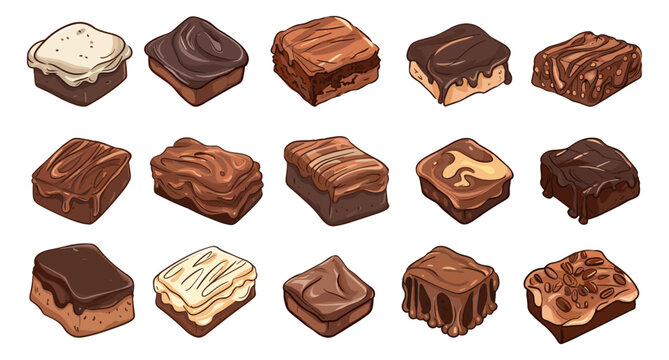 Chocolate brownies collection. Different brownie isolated on white, with cocoa and white biscuits and liquid syrup. Tasty pastry vector objects