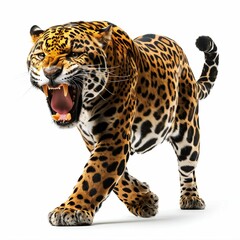 Snarling Jaguar in Aggressive Stance Isolated on White. Generative ai