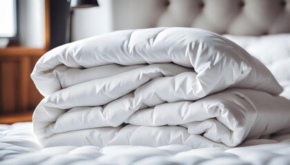 Fototapeta na wymiar Soft white folded duvet on white bed - home interior design, luxurious living room or hotel. Winter preparation concept