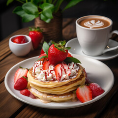 Pancakes with strawberry served with latte on wooden background.