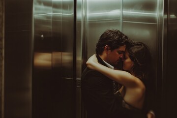 a man and woman kissing one another in an elevator, in the style of celebrity photography, blurred imagery