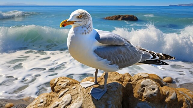 A close-up of a seagull perched on a weathered rock, feathers ruffled by the ocean breeze, overlooking the vast sea -Generative Ai