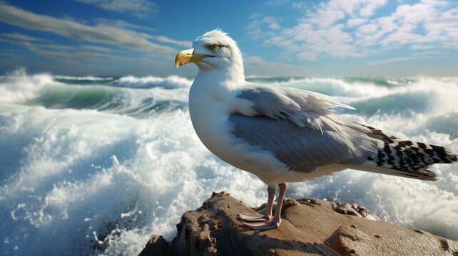A close-up of a seagull perched on a weathered rock, feathers ruffled by the ocean breeze, overlooking the vast sea -Generative Ai