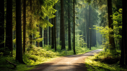 Serene forest path bathed in sunlight.