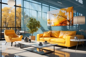 A cozy and inviting living room, adorned with sunny yellow couches and a sleek coffee table, exudes warmth and sophistication in its carefully curated interior design