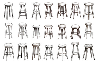 Kitchen stools sketch design. Isolated stool, dining room furniture hand drawn elements for interiors projects. Vector decor collection