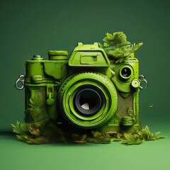 Green DSLR Harmony: A Symbolic Fusion of Ecology and Photography, Captured in a Shot of a Green Camera Sprouting Verdant Foliage and Tiny Plants against a Lush Green Background