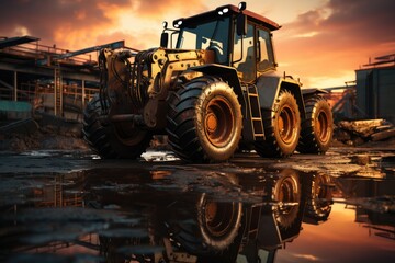 A tractor sits parked on a reflective puddle, its tire tread and skyward gaze mirroring the duality of its purpose: to transport and to cultivate - Powered by Adobe