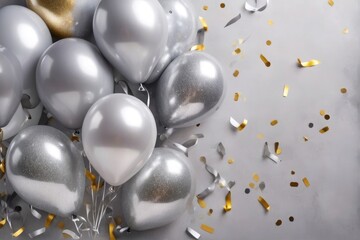 Shiny Golden and silver, gray metallic balloons and confetti Celebrating Happy Birthday and Congratulations with Sparkling Confetti Background copy space for text.