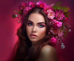 Gorgeous Beautiful Girl portrait, with pink roses in her hair, Beauty Model Woman Face, Perfect Skin, big blue shining eyes, Professional Make-up, beautiful thick long hair, Fashion Art