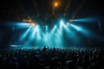 A lively crowd gathers in front of a brightly lit stage, eagerly awaiting the start of a high-energy rock concert at a popular music venue - obrazy, fototapety, plakaty