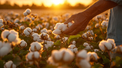 A farmer carefully inspecting cotton bolls in the early morning light, emphasizing the hands-on care and attention given to the cotton plants during the crucial stages of cultivati - obrazy, fototapety, plakaty