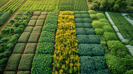 An aerial perspective of a cotton farm quilted with patterns of vibrant green and white, showcasing the geometric beauty of the crops as they progress through different stages of g