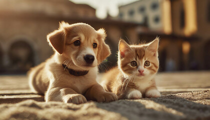  Young cat and dog sitting together  .ai generated