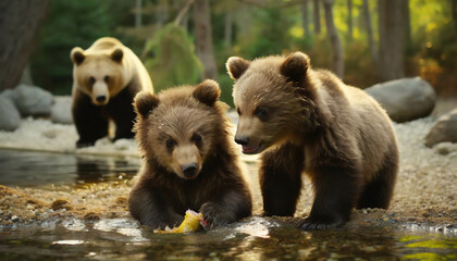 Obraz premium young bears eating fish at river .ai generated