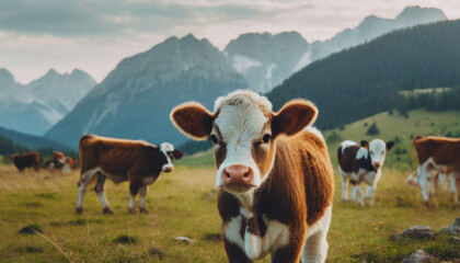 Fototapeta na wymiar Young cow outdoor on meadow in mountain landscape .ai generated