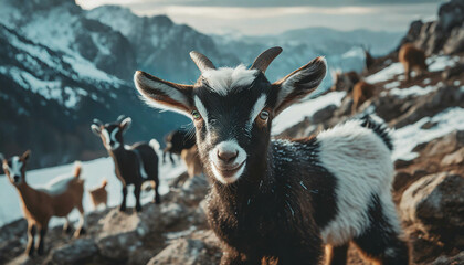 Group of young goats in mountain landscape     .ai generated