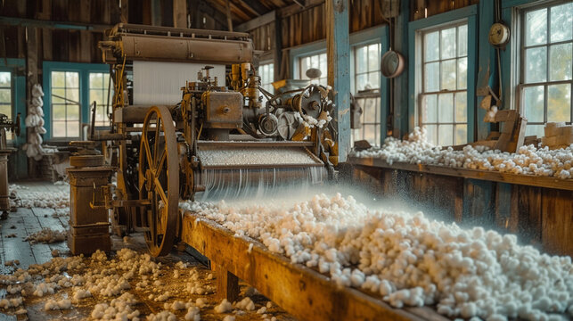 A rustic cotton gin in operation, with cotton fibers floating in the air as the machinery separates seeds from the soft tufts, providing a glimpse into the mechanical aspects of co