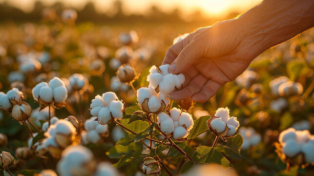A close-up shot of cotton bolls being delicately handpicked by skilled farmworkers, emphasizing the human touch and precision involved in the manual harvesting of this valuable cro