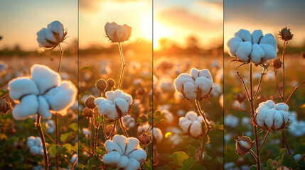 A montage of cotton plantations from different regions, showcasing the diverse landscapes and climates in which cotton is cultivated, emphasizing the global nature of cotton produc