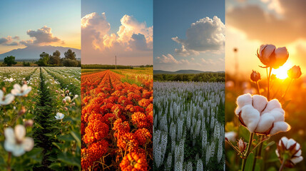 A montage of cotton plantations from different regions, showcasing the diverse landscapes and climates in which cotton is cultivated, emphasizing the global nature of cotton produc