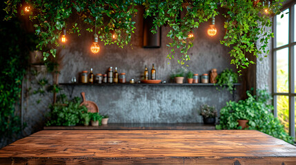 Kitchen brass utensils, chef accessories. Hanging kitchen with white tiles wall and wood tabletop.Green plant on kitchen background generated ai 