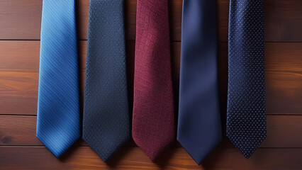 Men's ties lie on a wooden table.