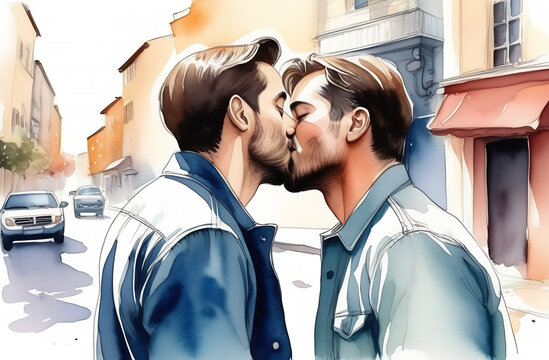 Banner Watercolor illustration. Realism. Two young man lgbtq gay couple dating in love hugging enjoying sensual moment together kissing 