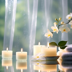 Relaxing background with candles and flowers.