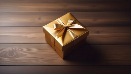 Golden gift with ribbon on wooden background.