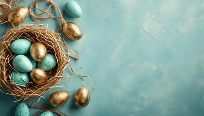 Light blue easter background with gift boxes, gold eggs, and space for text or elements