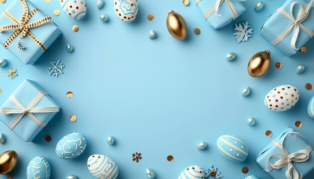 Easter background with light blue, gift boxes, and gold eggs   top view flat lay with space for text