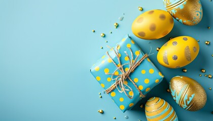 Easter themed light blue background with gift boxes, gold eggs, and space for text or elements