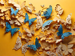 Whimsical Paper Cut Butterflies Dancing on a Sunny Yellow Canvas