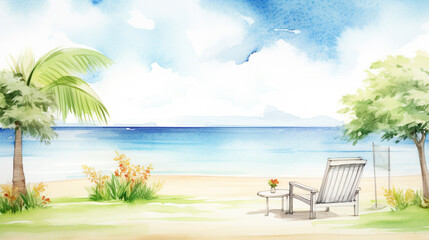 Beach and gardens, Cartoon drawing, Water color style, AI Generated