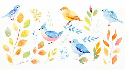 Birds and leaves, Cartoon drawing, Water color style, AI Generated