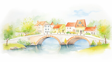 Bridges and burgers and villages, Cartoon drawing, Water color style, AI Generated