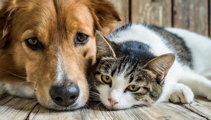 cuddling cat and dog, 16:9 widescreen wallpaper / background