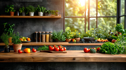 Hanging kitchen with fresh vegetables on wood tabletop.Green plant on kitchen background generated AI