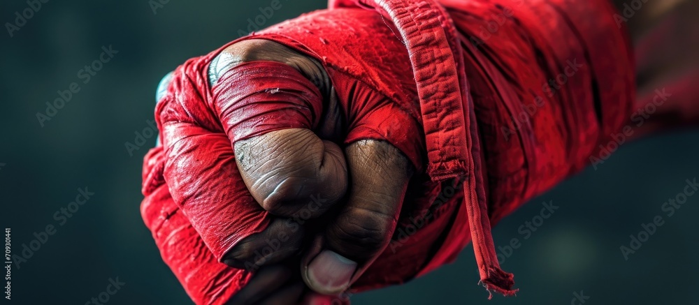 Wall mural Muay Thai hand wraps, in red, being applied to the fist.