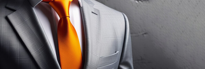 Gray men's suit with orange tie and copy space.
