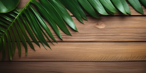 Wooden background with empty board and palm leaves, for display of eco-friendly spa products or cosmetics.