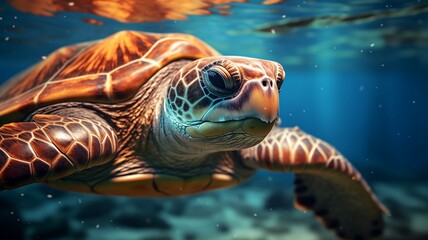A close-up shot of a sea turtle gracefully gliding through the water, with sunlight casting a warm glow on its textured shell-Generative Ai