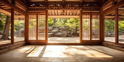 Traditional Korean house seen from inside, eco-friendly structure. - obrazy, fototapety, plakaty